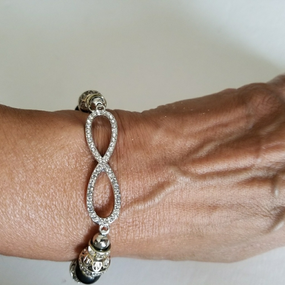 Women black bead stretchy bracelet,pave stone